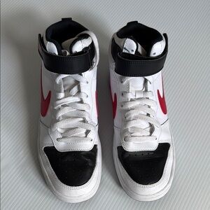 Nike Kids High-Top Sneakers - White, Black, and Red. Size 7